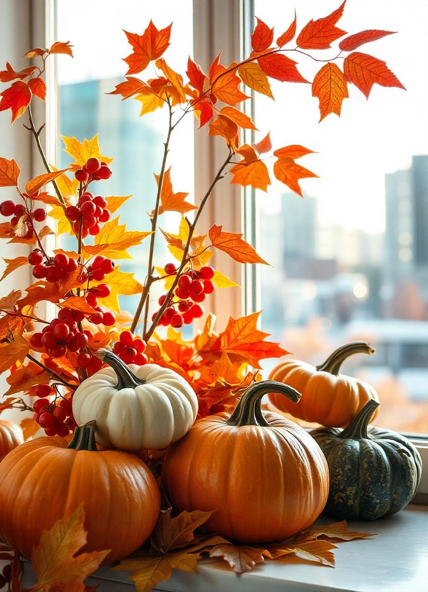 Pumpkins and fall foliage sit on a windowsill Pumpkins and fall foliage sit on a windowsill