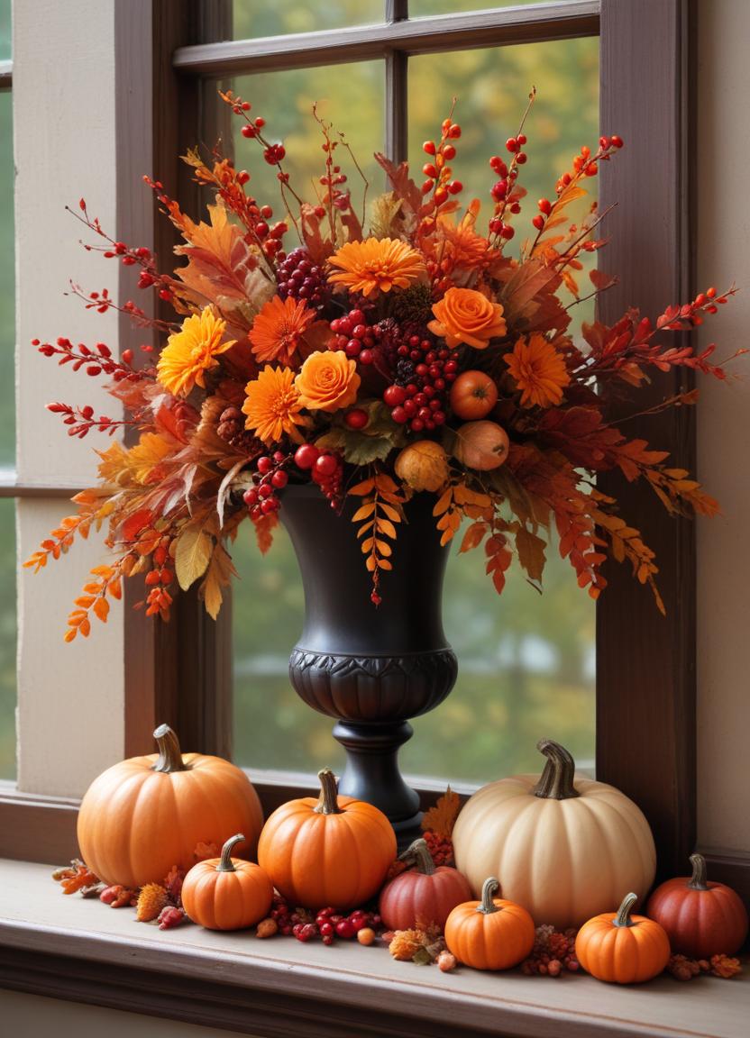 Autumn flowers and pumpkins on a windowsill Autumn flowers and pumpkins on a windowsill