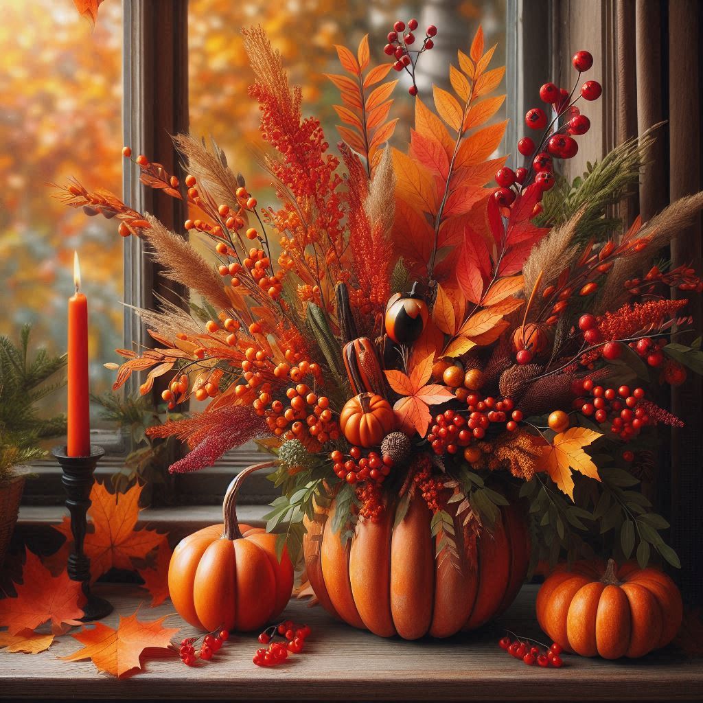 An autumnal arrangement sits on a windowsill An autumnal arrangement sits on a windowsill