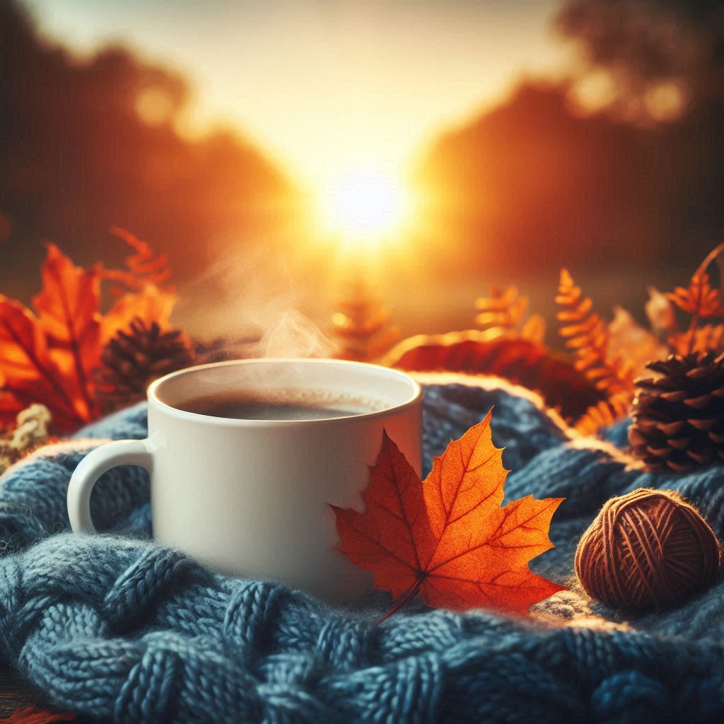 A warm cup of coffee on a cozy blanket with autumn leaves A warm cup of coffee on a cozy blanket with autumn leaves