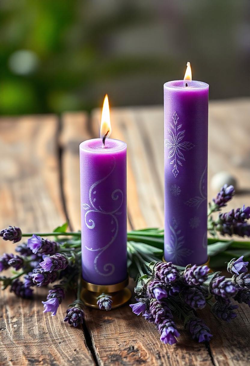 Two purple candles burn with lavender on a wooden table Two purple candles burn with lavender on a wooden table
