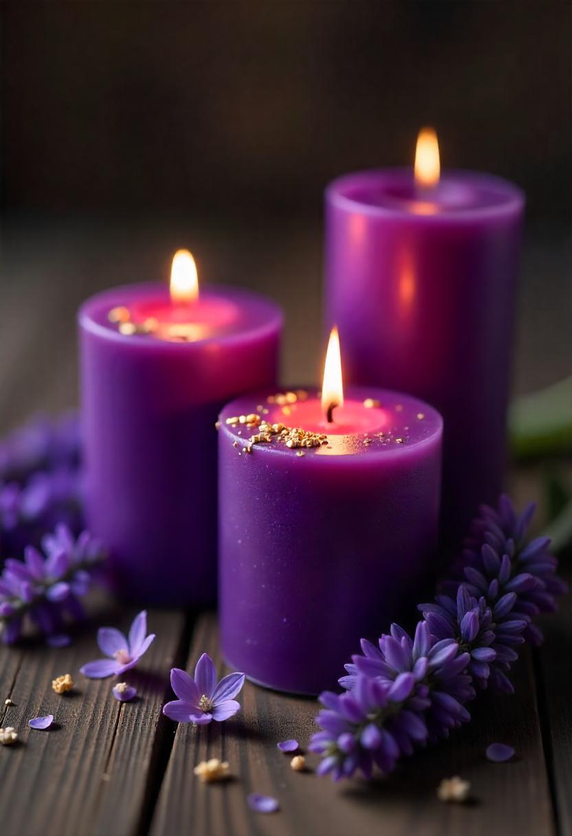 Three purple candles burn brightly on a wooden table Three purple candles burn brightly on a wooden table