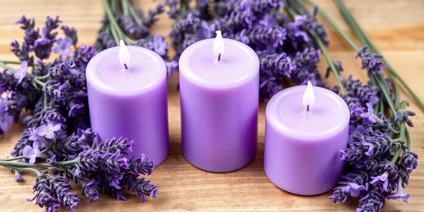 Three purple candles on wood with lavender Three purple candles on wood with lavender