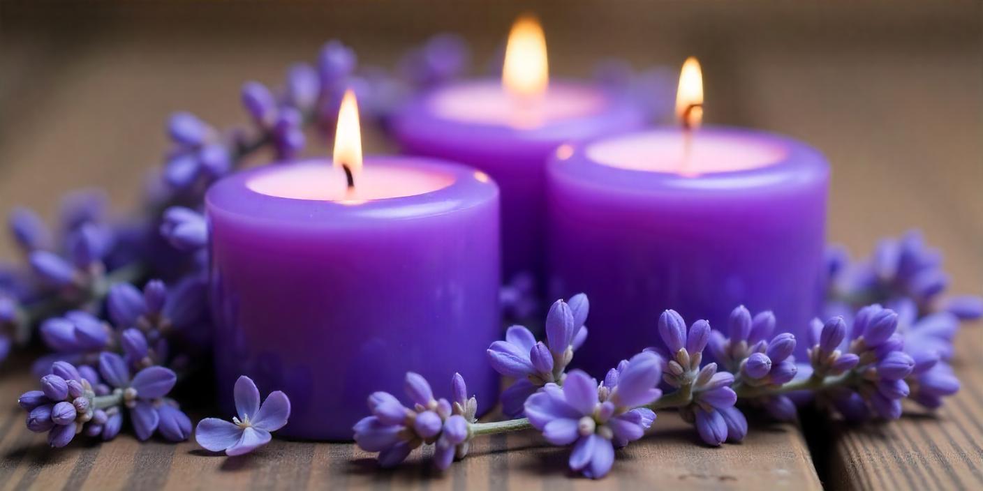 Three purple candles burn near lavender Three purple candles burn near lavender