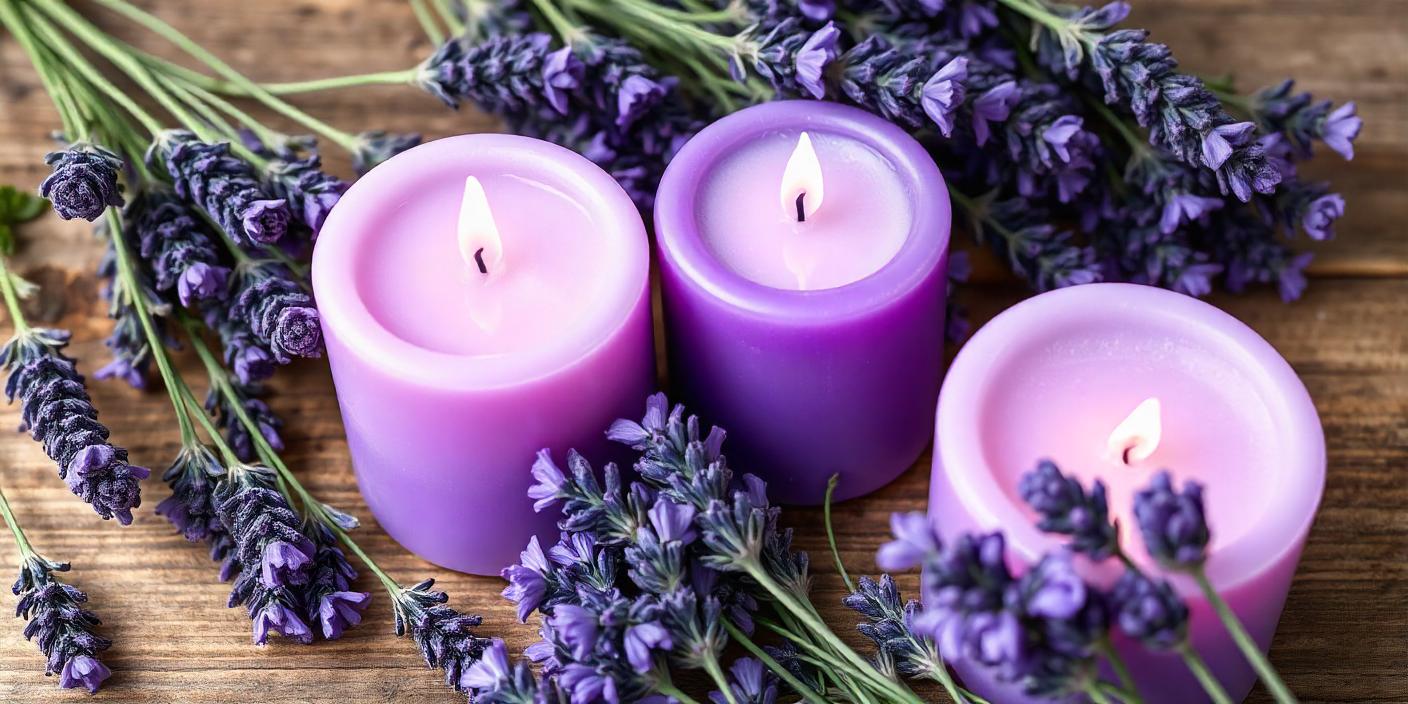 Three lavender candles on a wooden surface Three lavender candles on a wooden surface