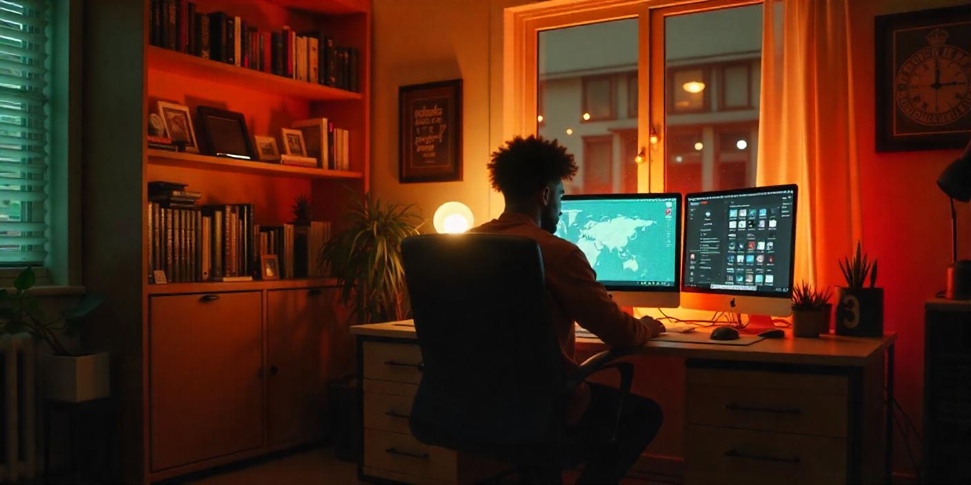 A man works at his desk in a home office A man works at his desk in a home office
