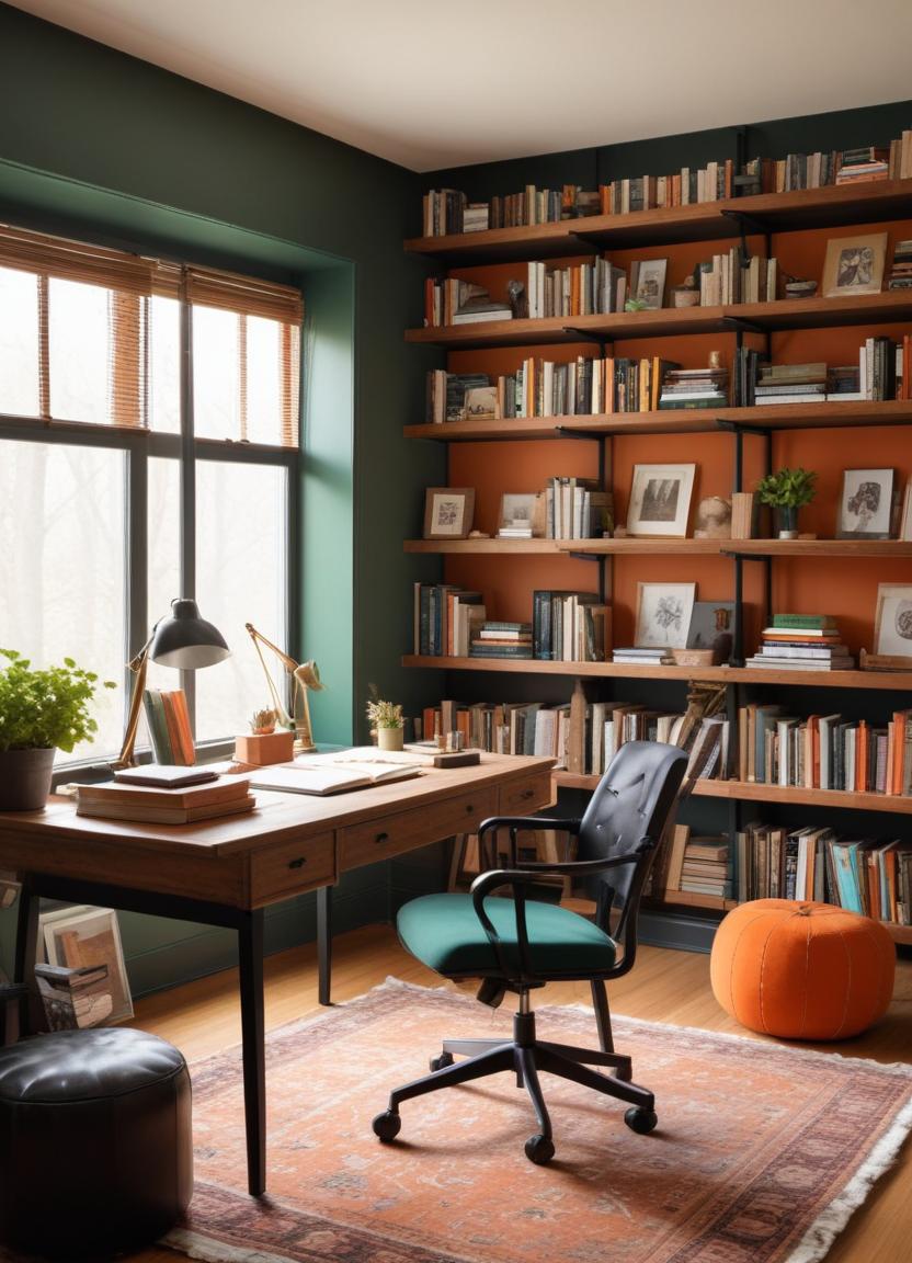 A home office with a large window and a wall of bookshelves A home office with a large window and a wall of bookshelves