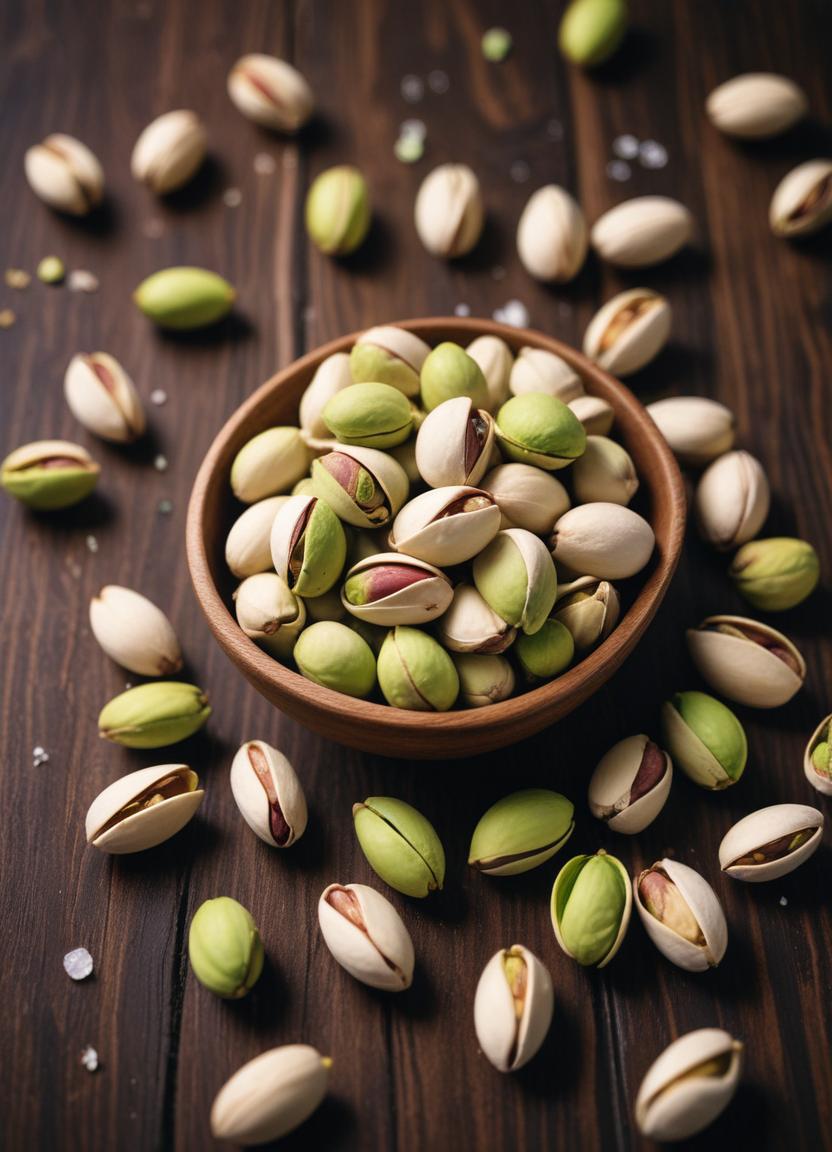 A bowl of pistachios on a wooden surface A bowl of pistachios on a wooden surface