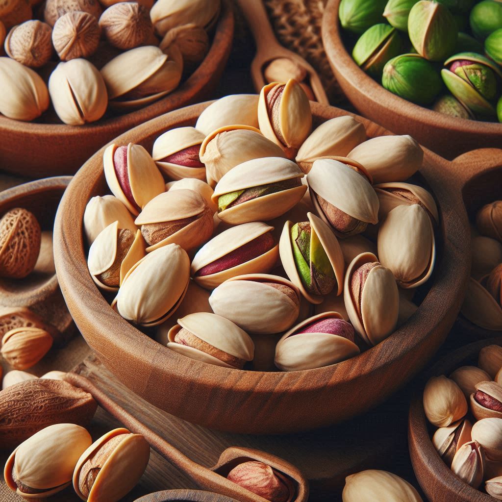 A bowl of pistachios sits on a wooden table A bowl of pistachios sits on a wooden table