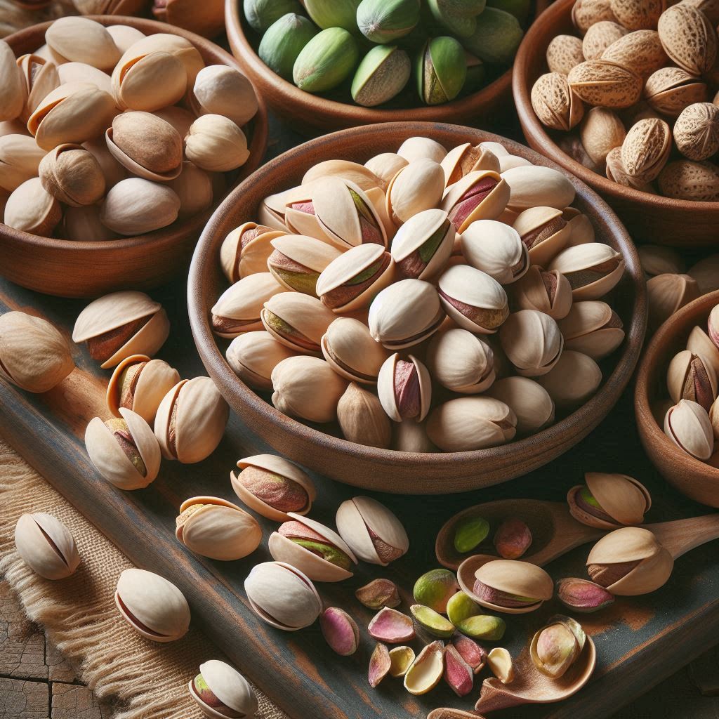 A bowl of pistachios on a wooden surface A bowl of pistachios on a wooden surface