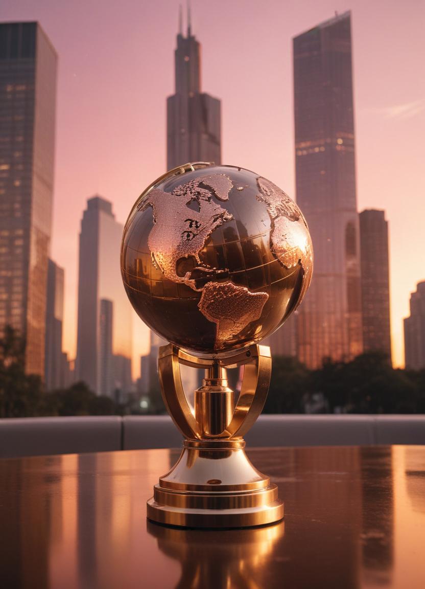 Gold globe on a table, city skyline at sunset Gold globe on a table, city skyline at sunset