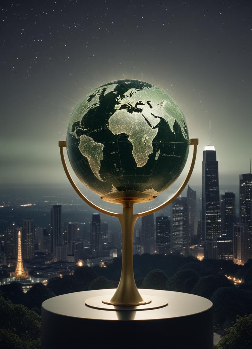 A glowing globe overlooks a city skyline at night A glowing globe overlooks a city skyline at night