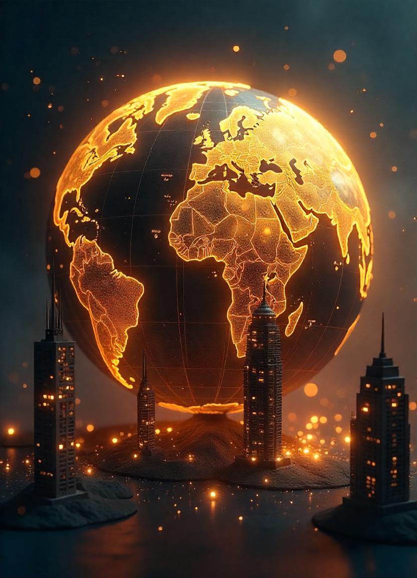 A glowing earth sits above a city skyline A glowing earth sits above a city skyline