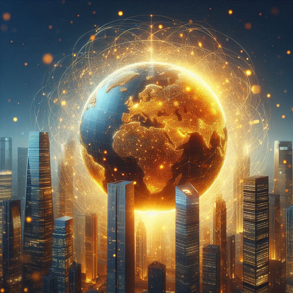 A glowing earth hovers above a futuristic city A glowing earth hovers above a futuristic city