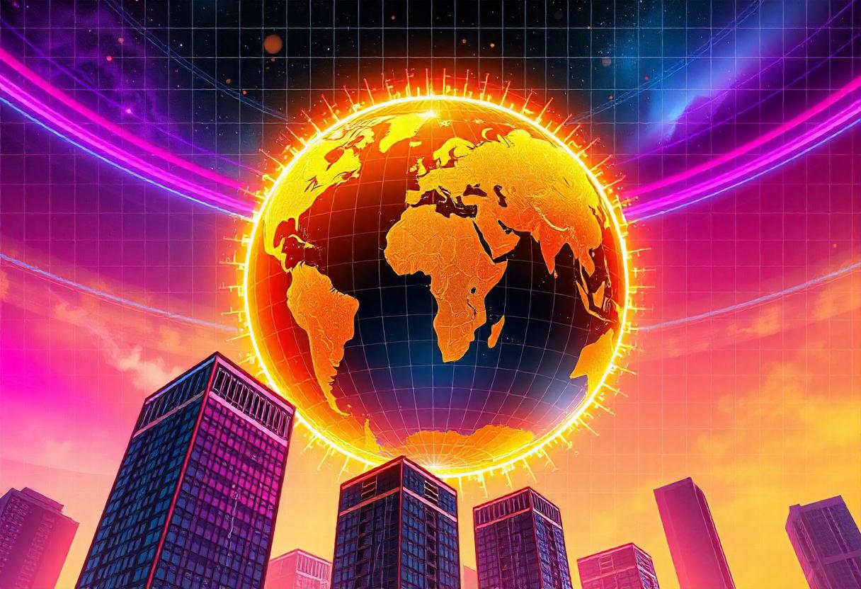 A glowing earth hangs over a cityscape A glowing earth hangs over a cityscape