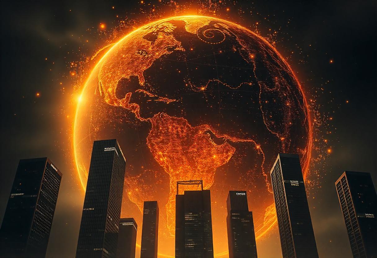 A fiery earth looms over a city skyline A fiery earth looms over a city skyline