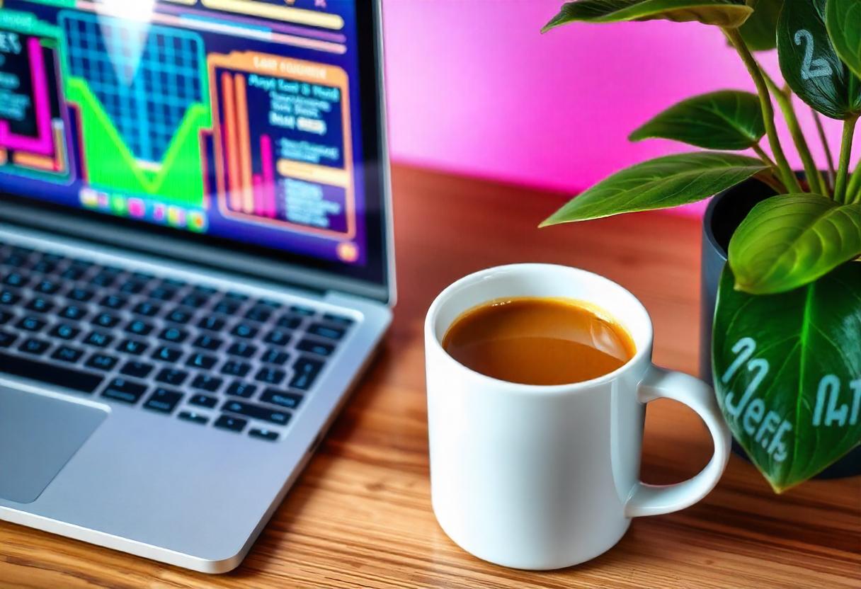 Laptop with charts and a coffee mug on desk Laptop with charts and a coffee mug on desk