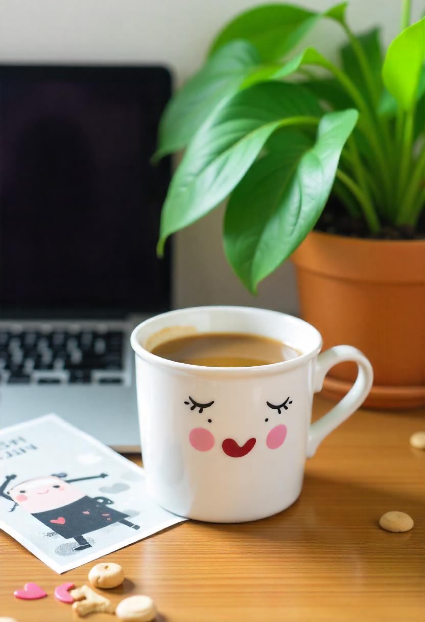 A smiling mug sits by a laptop and plant A smiling mug sits by a laptop and plant