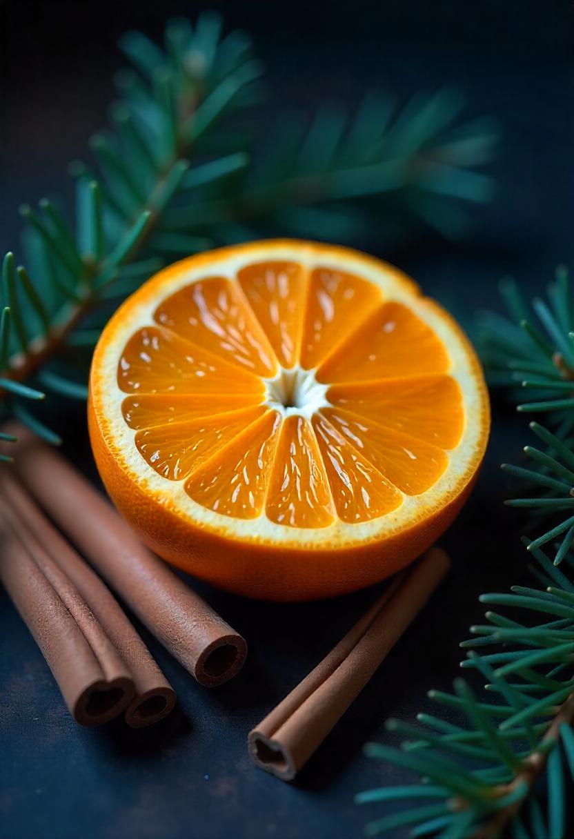 Orange slice on cinnamon sticks and pine branches Orange slice on cinnamon sticks and pine branches