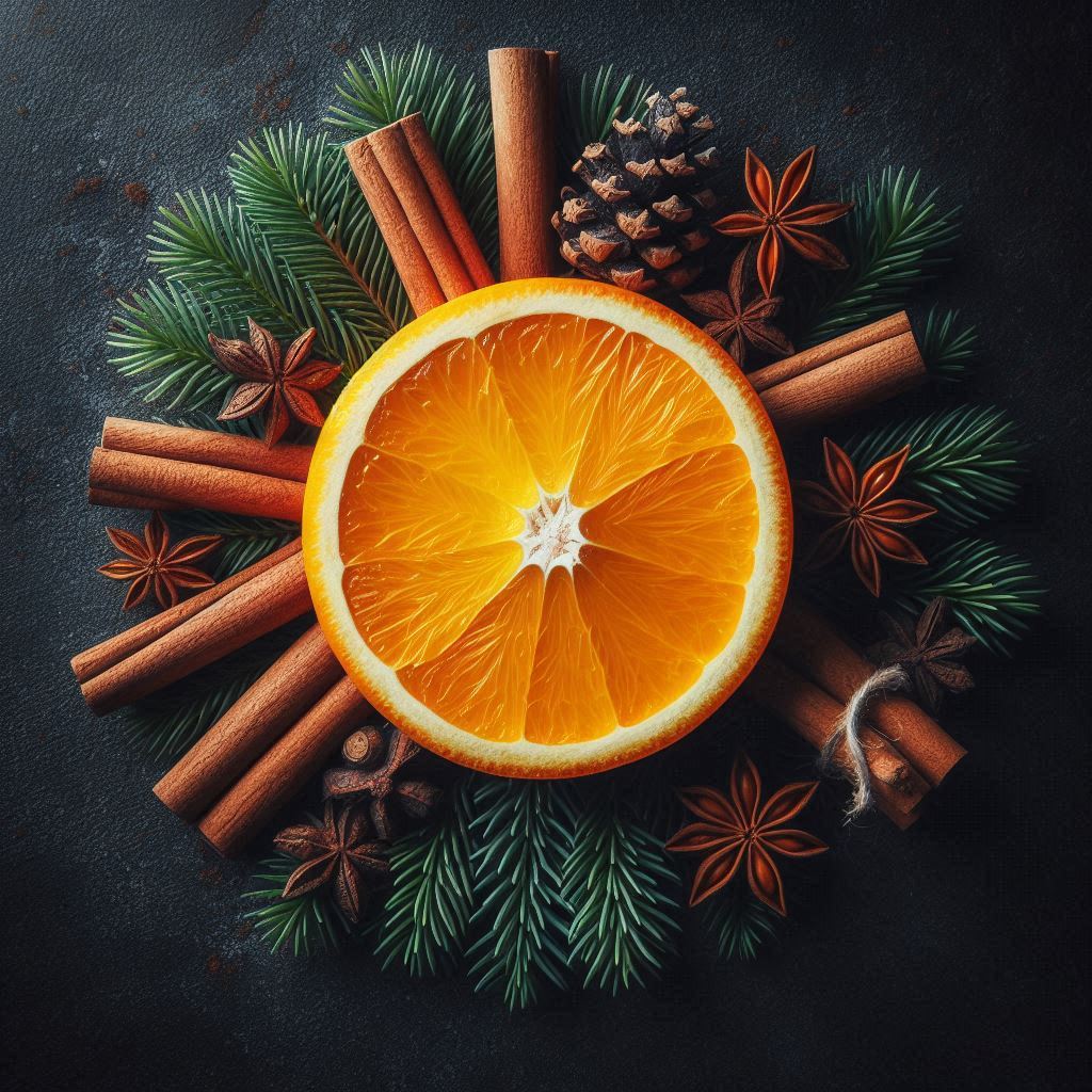 Orange slice with cinnamon sticks and pine Orange slice with cinnamon sticks and pine
