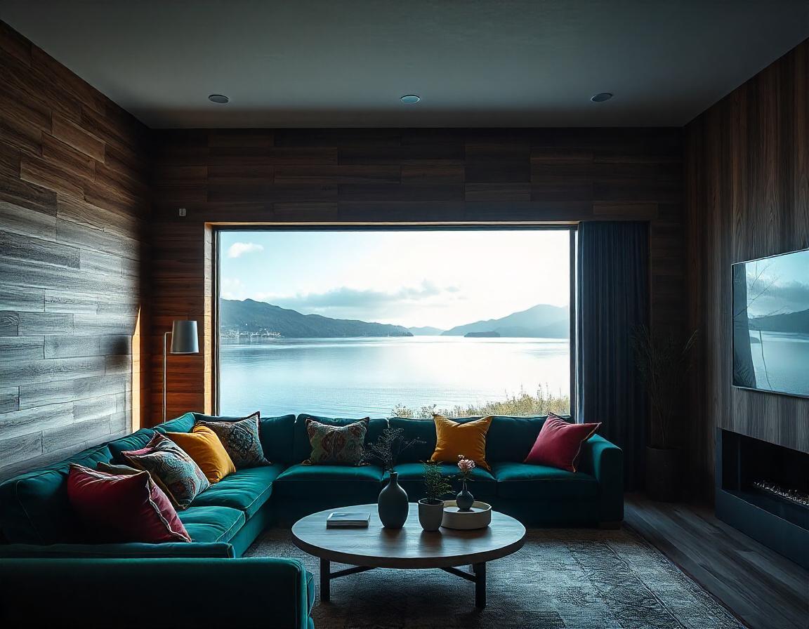 A modern living room with a view of the water A modern living room with a view of the water