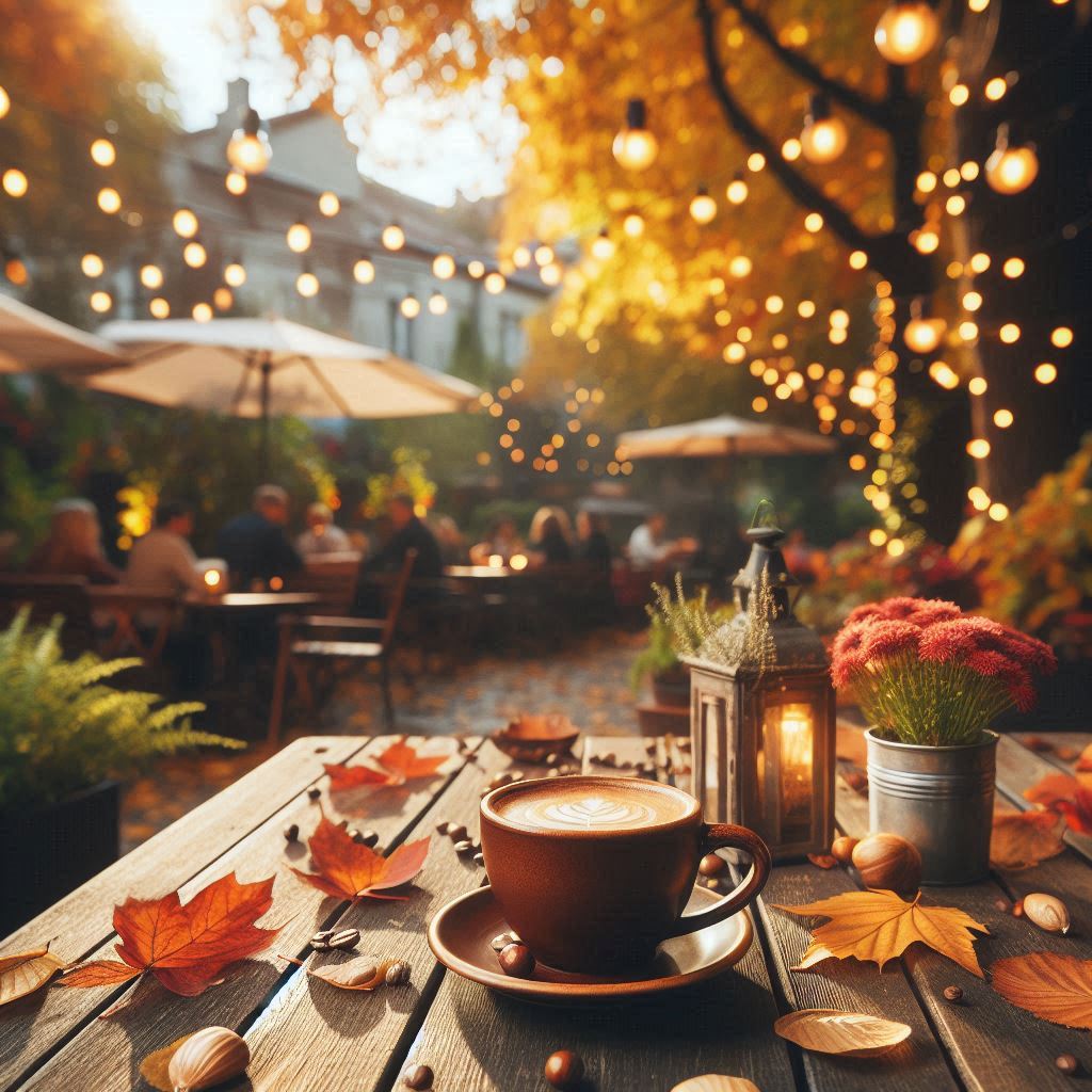 A cup of coffee sits on a table at a cozy outdoor cafe