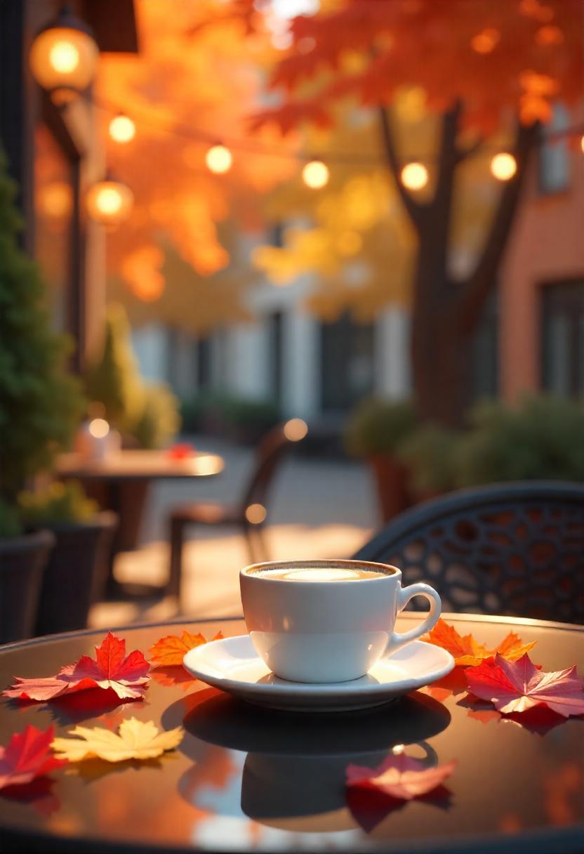 A cup of coffee sits on a table with autumn leaves A cup of coffee sits on a table with autumn leaves