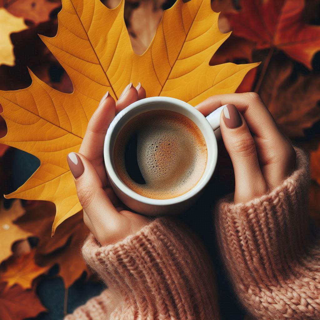Hands holding a cup of coffee surrounded by autumn leaves Hands holding a cup of coffee surrounded by autumn leaves