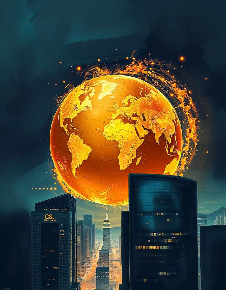 A glowing earth hangs above a city skyline A glowing earth hangs above a city skyline