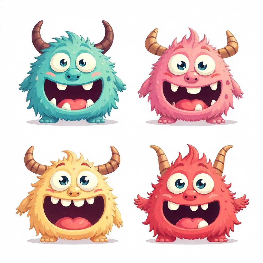 Four friendly monsters smile at the camera Four friendly monsters smile at the camera