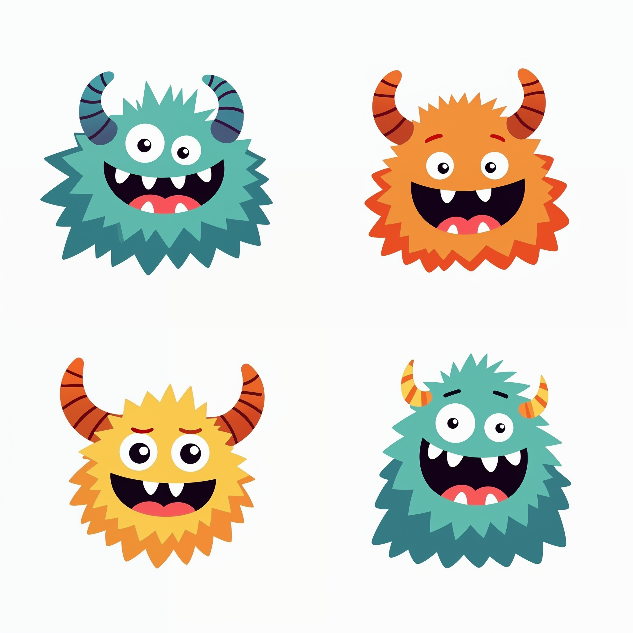 Four happy monsters with horns and big smiles Four happy monsters with horns and big smiles