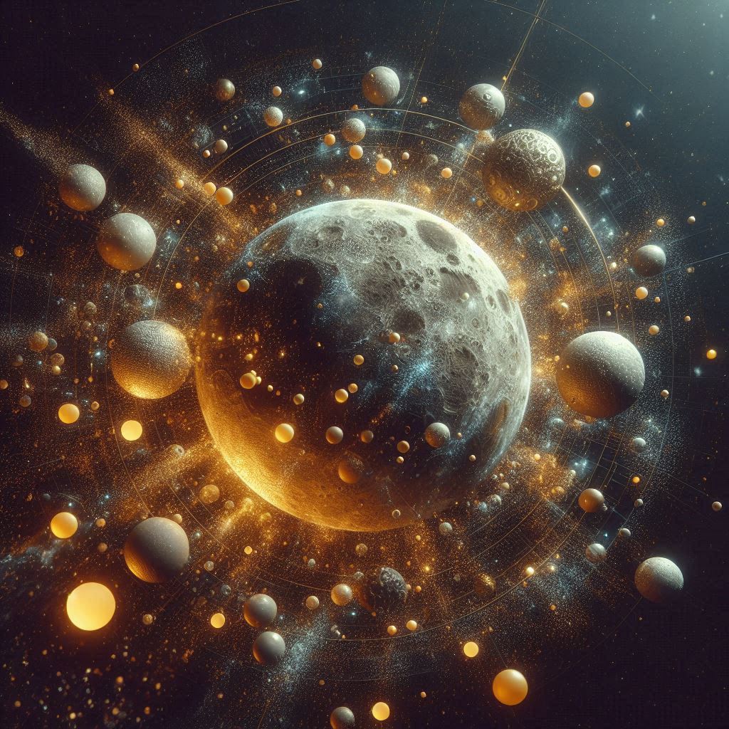 A glowing planet with smaller ones and stars around it A glowing planet with smaller ones and stars around it