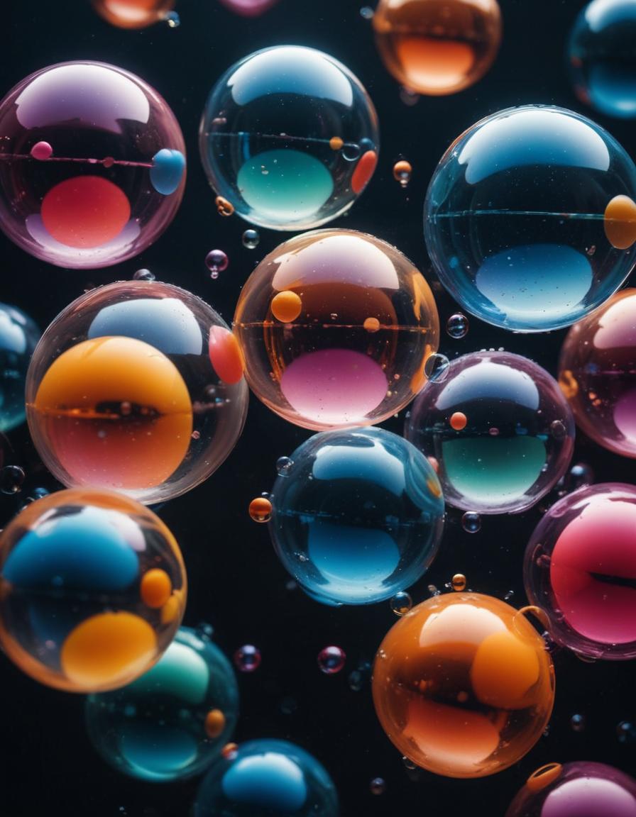 Colorful bubbles float against a black background Colorful bubbles float against a black background