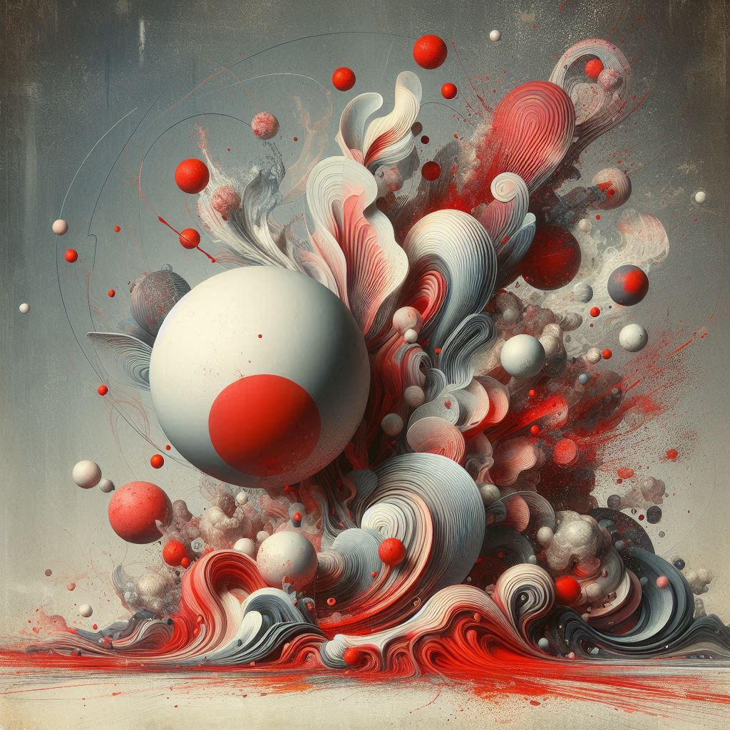 Red and white spheres and swirls form a dynamic art Red and white spheres and swirls form a dynamic art