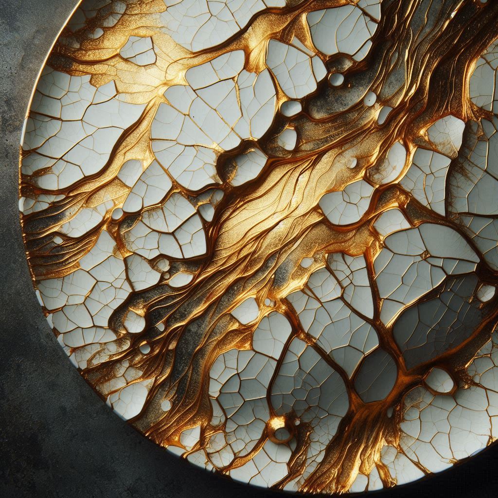 A close-up of a ceramic plate with a gold design A close-up of a ceramic plate with a gold design