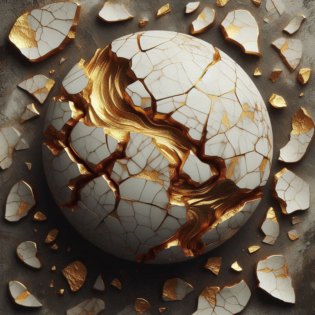 A cracked sphere with golden veins sits on a dark surface A cracked sphere with golden veins sits on a dark surface