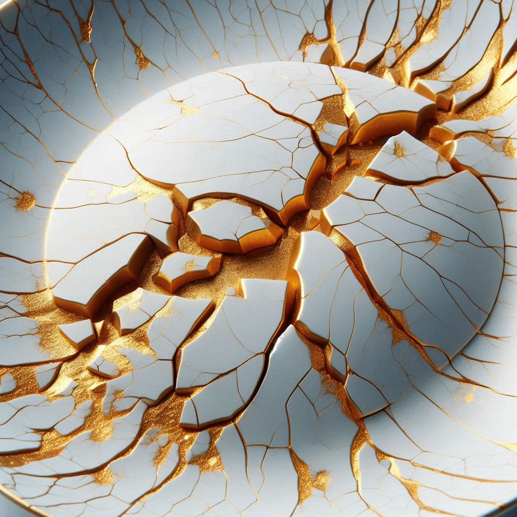 A cracked plate with gold accents sits on a table A cracked plate with gold accents sits on a table