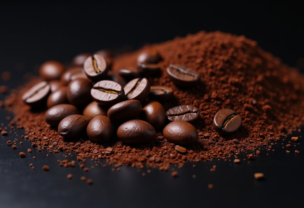 Whole coffee beans and ground coffee on a black surface Whole coffee beans and ground coffee on a black surface