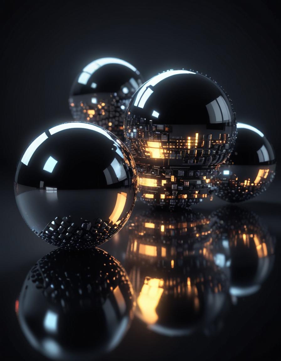 Shiny spheres with glowing patterns sit on a dark surface Shiny spheres with glowing patterns sit on a dark surface