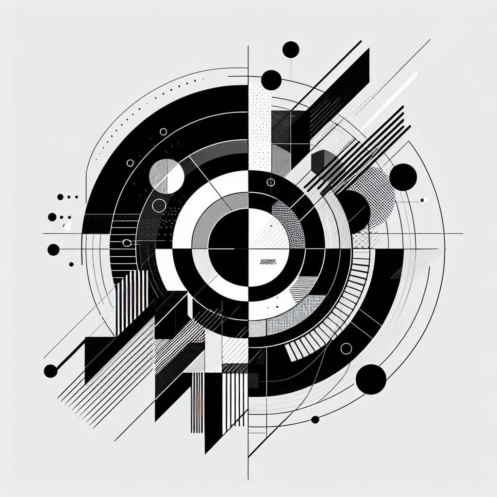A black and white geometric design with circles and lines A black and white geometric design with circles and lines