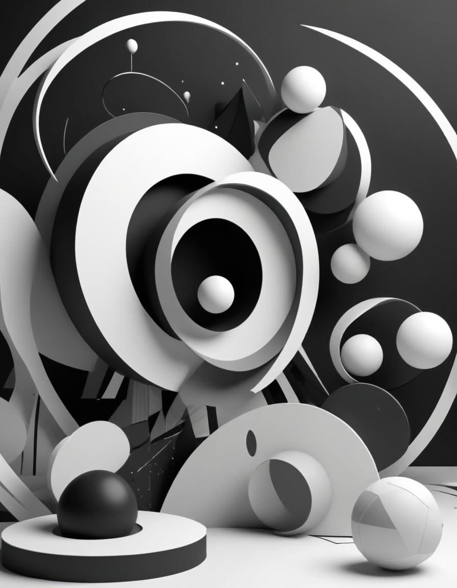 Black and white spheres and rings on dark backdrop Black and white spheres and rings on dark backdrop