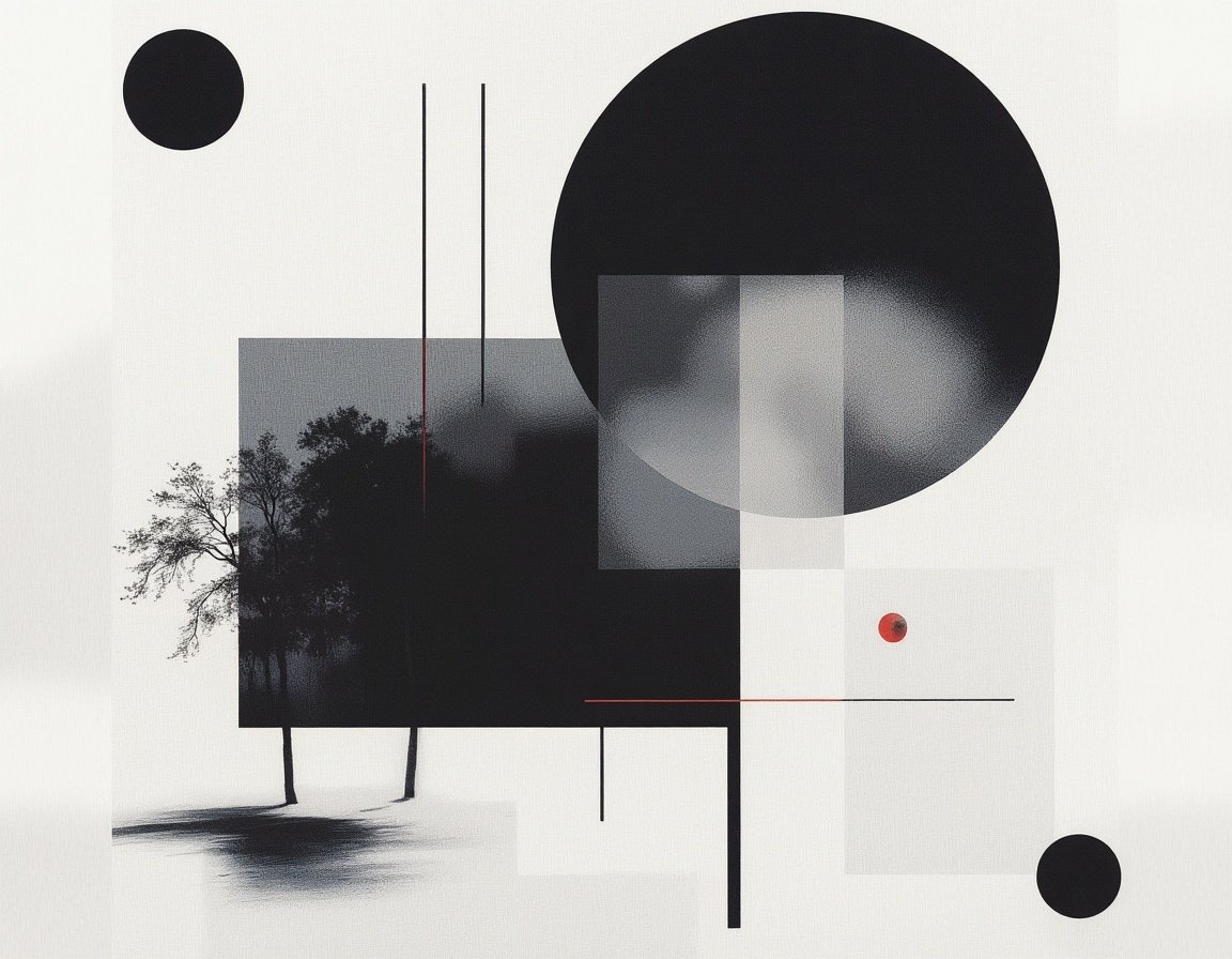 A black and white abstract design with trees and circles A black and white abstract design with trees and circles