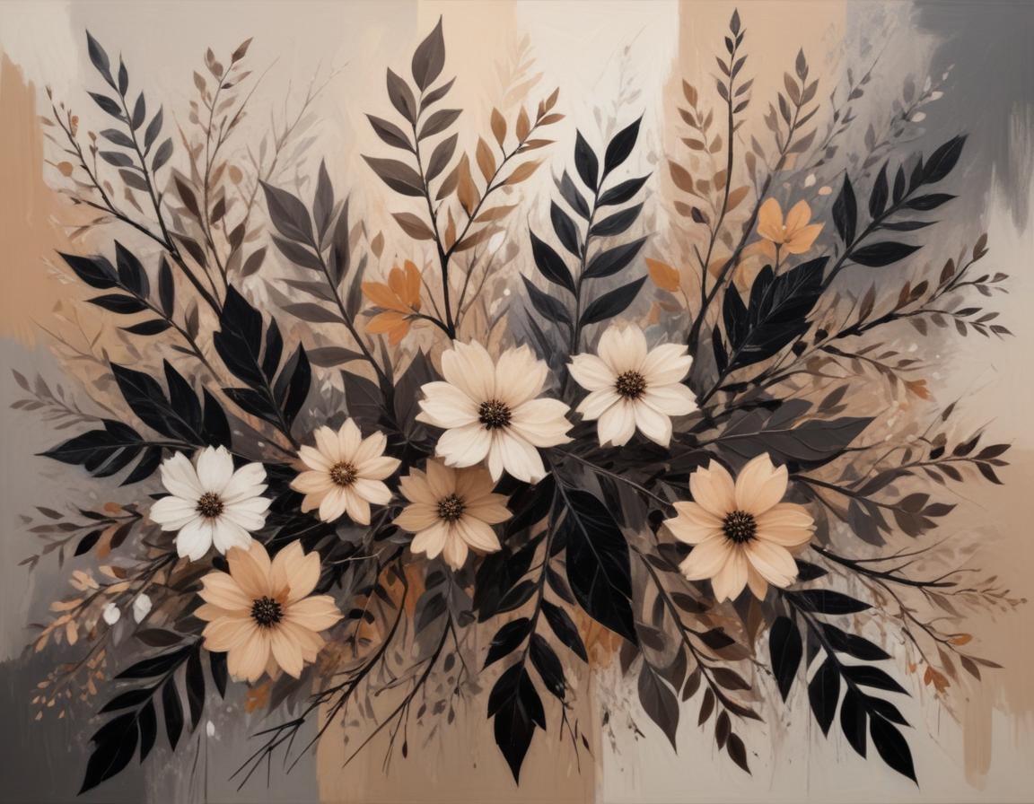 A painting of a bouquet of flowers with dark leaves A painting of a bouquet of flowers with dark leaves