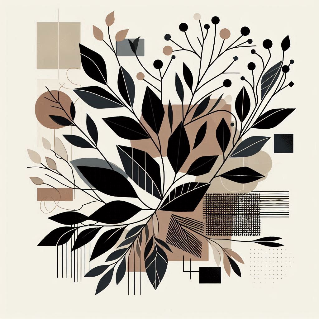 Black leaves and brown shapes create a modern floral design Black leaves and brown shapes create a modern floral design
