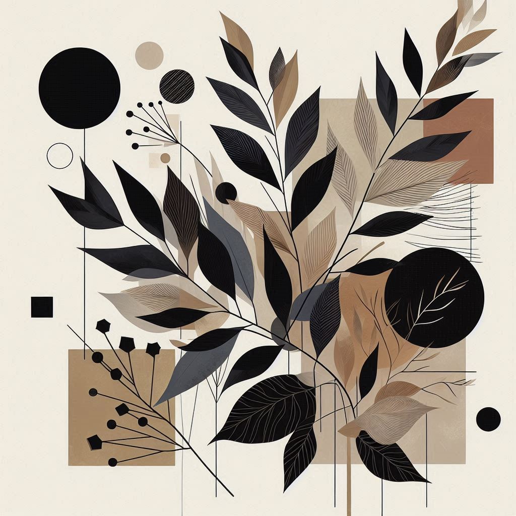 A black and brown leaf illustration with geometric shapes A black and brown leaf illustration with geometric shapes