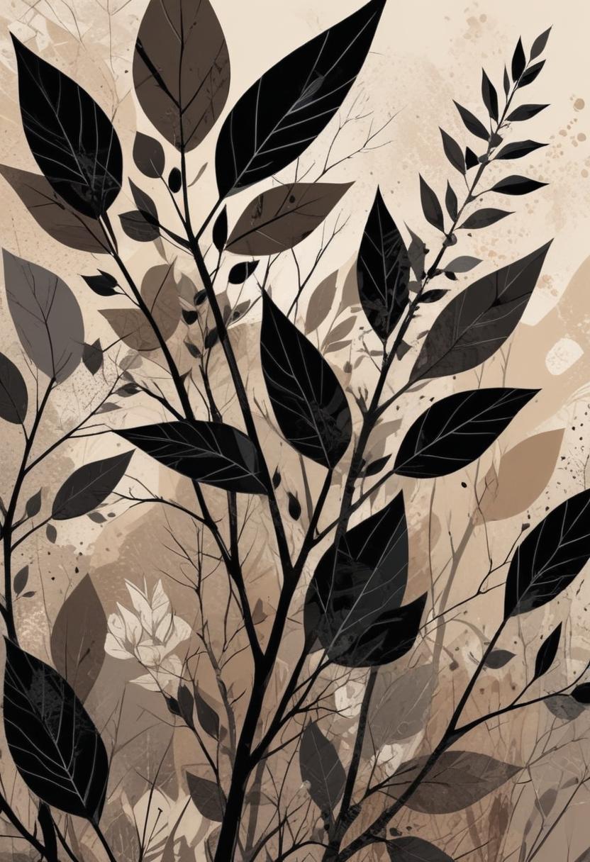 Black leaves stand out against a beige background Black leaves stand out against a beige background