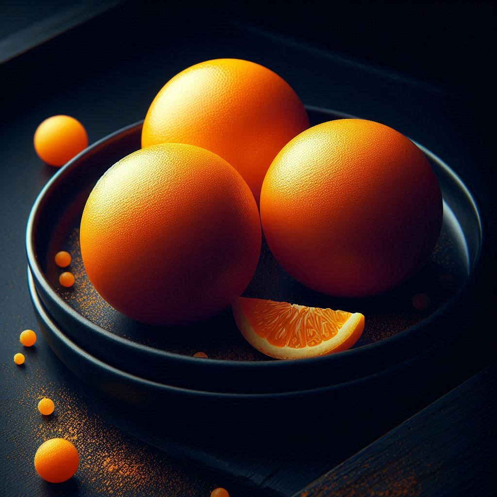 Three oranges and a slice sit on a black plate Three oranges and a slice sit on a black plate