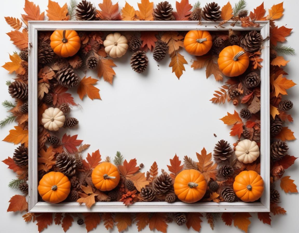A white frame with fall leaves and pumpkins A white frame with fall leaves and pumpkins