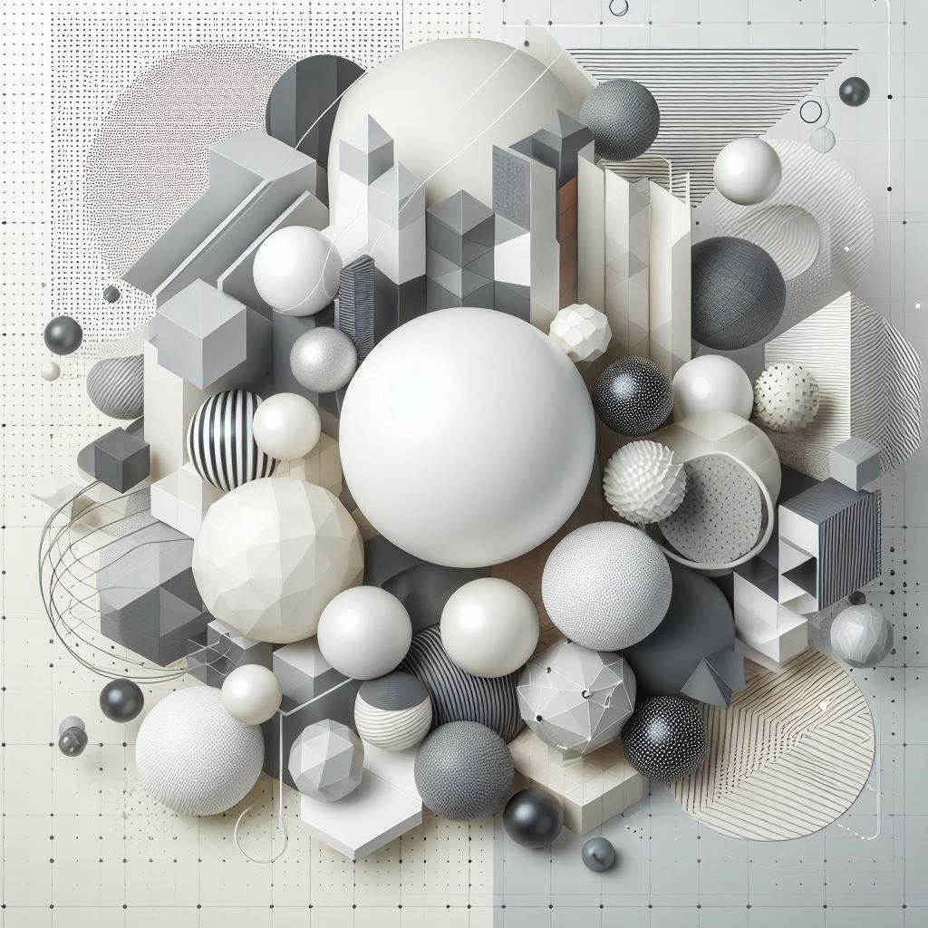 A collection of white and gray spheres and geometric shapes A collection of white and gray spheres and geometric shapes