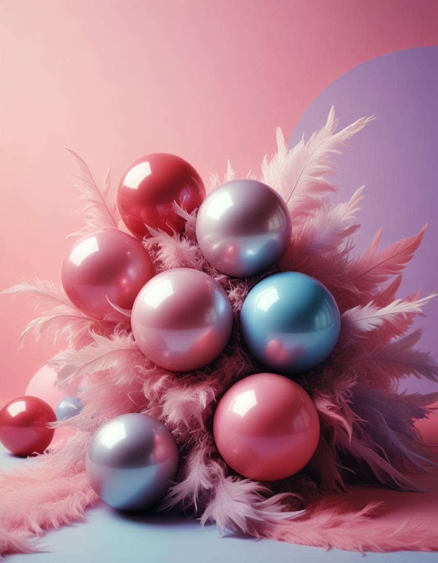 Shiny orbs nestle in pink feathers Shiny orbs nestle in pink feathers